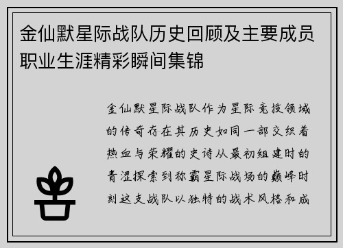 金仙默星际战队历史回顾及主要成员职业生涯精彩瞬间集锦