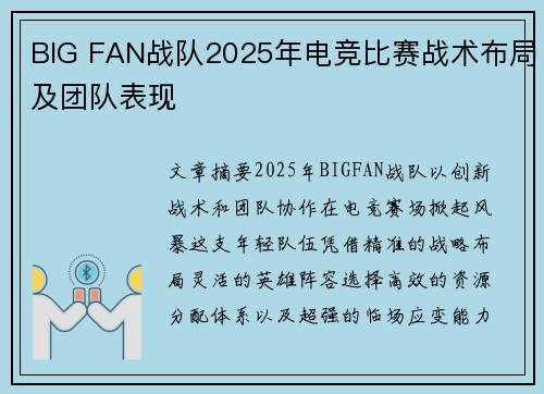 BIG FAN战队2025年电竞比赛战术布局及团队表现