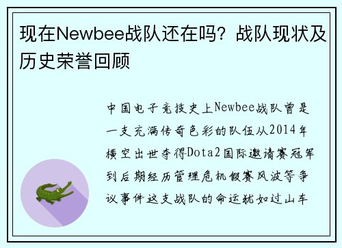 现在Newbee战队还在吗？战队现状及历史荣誉回顾