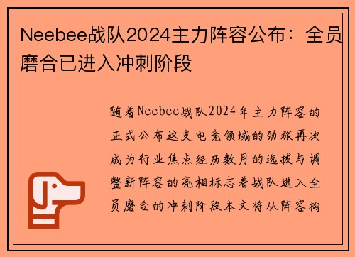 Neebee战队2024主力阵容公布：全员磨合已进入冲刺阶段