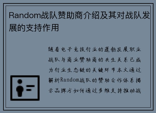 Random战队赞助商介绍及其对战队发展的支持作用