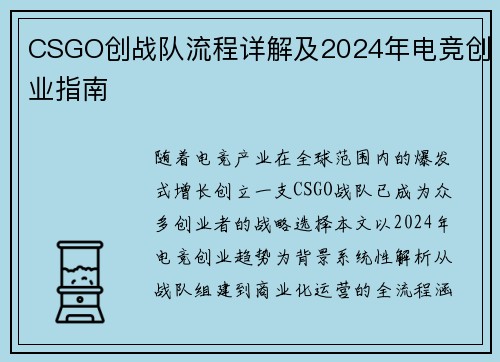 CSGO创战队流程详解及2024年电竞创业指南